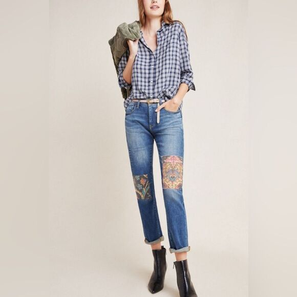 Anthropologie Pilcro Jeans Tapestry patchwork boyfriend mid Rise Distressed 26 - Picture 1 of 11